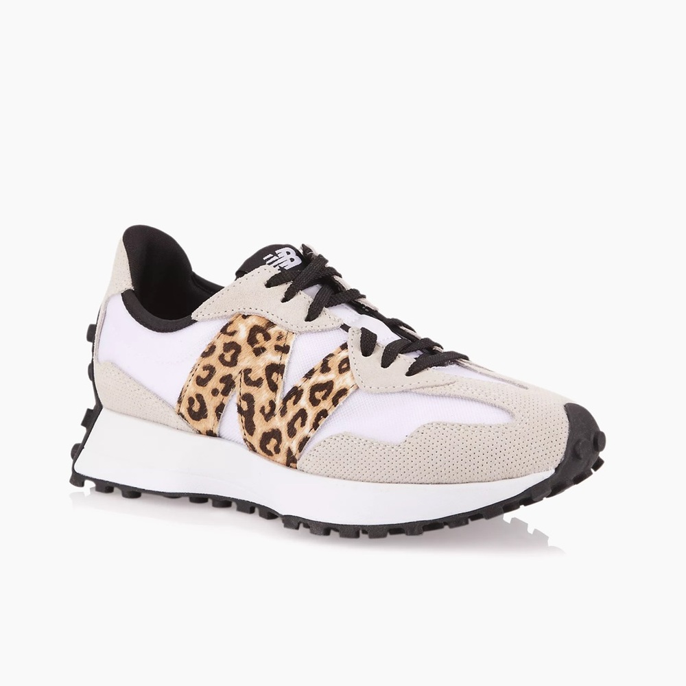 New Balance White and Leopard Print Athletic Shoes